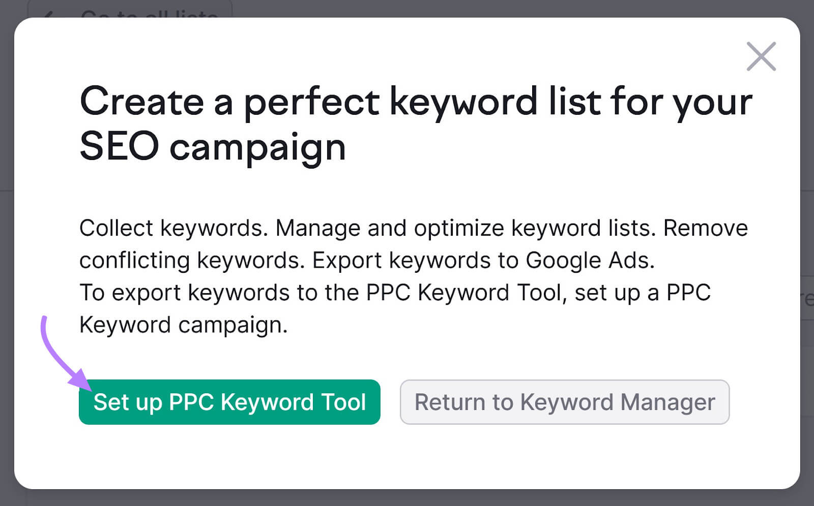 Popup model   with an actionable fastener  for mounting  up   PPC Keyword Tool, highlighted by a purple arrow.