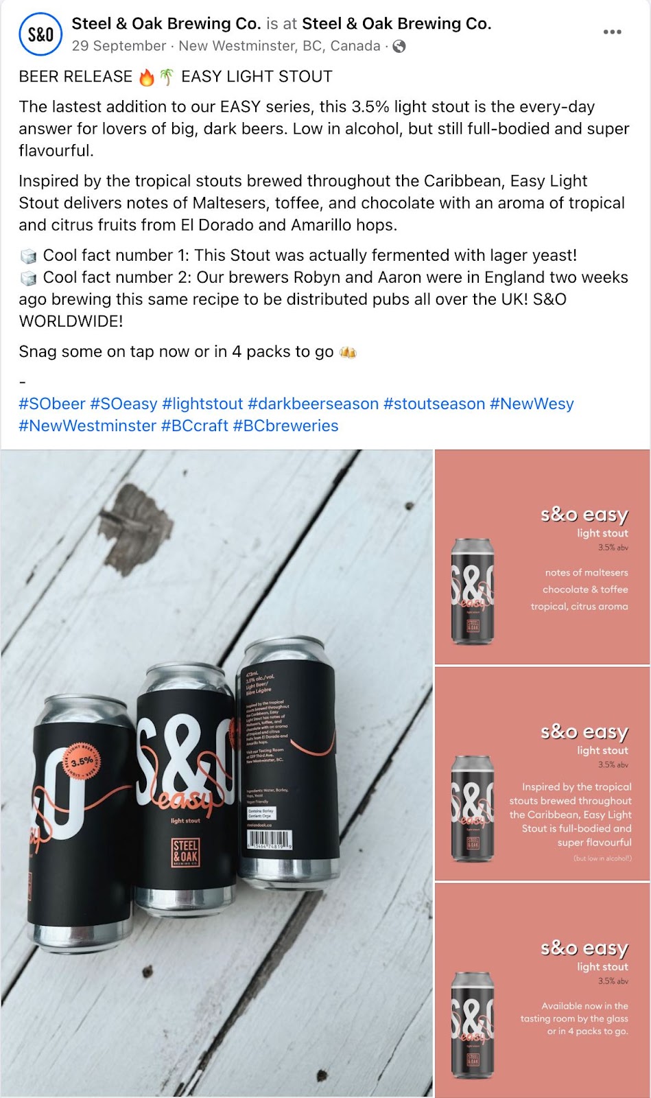 Steel & Oak's Facebook post on launching a new stout