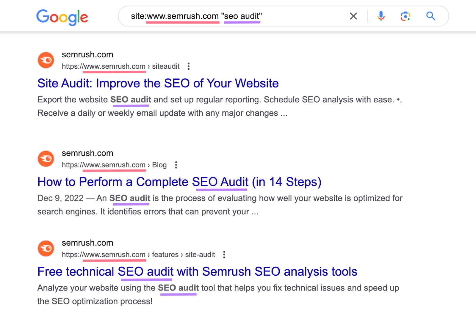 www.semrush.com "seo audit"" shows database  of urls connected  semrush with keyword mentioned