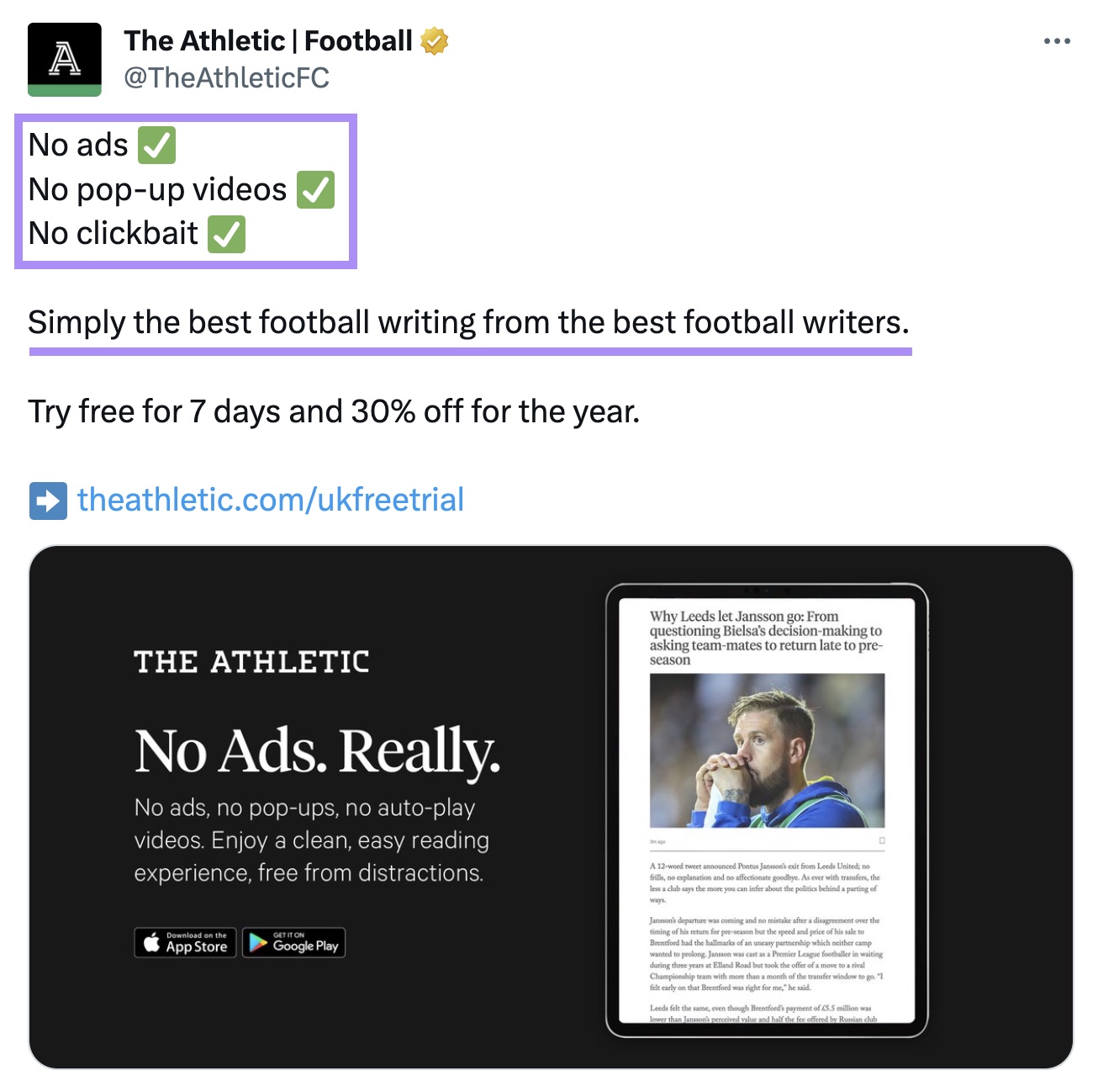 The Athletic's "No ads, no pop-up videos, no clickbait" “Simply the best football writing from the best football writers” copy