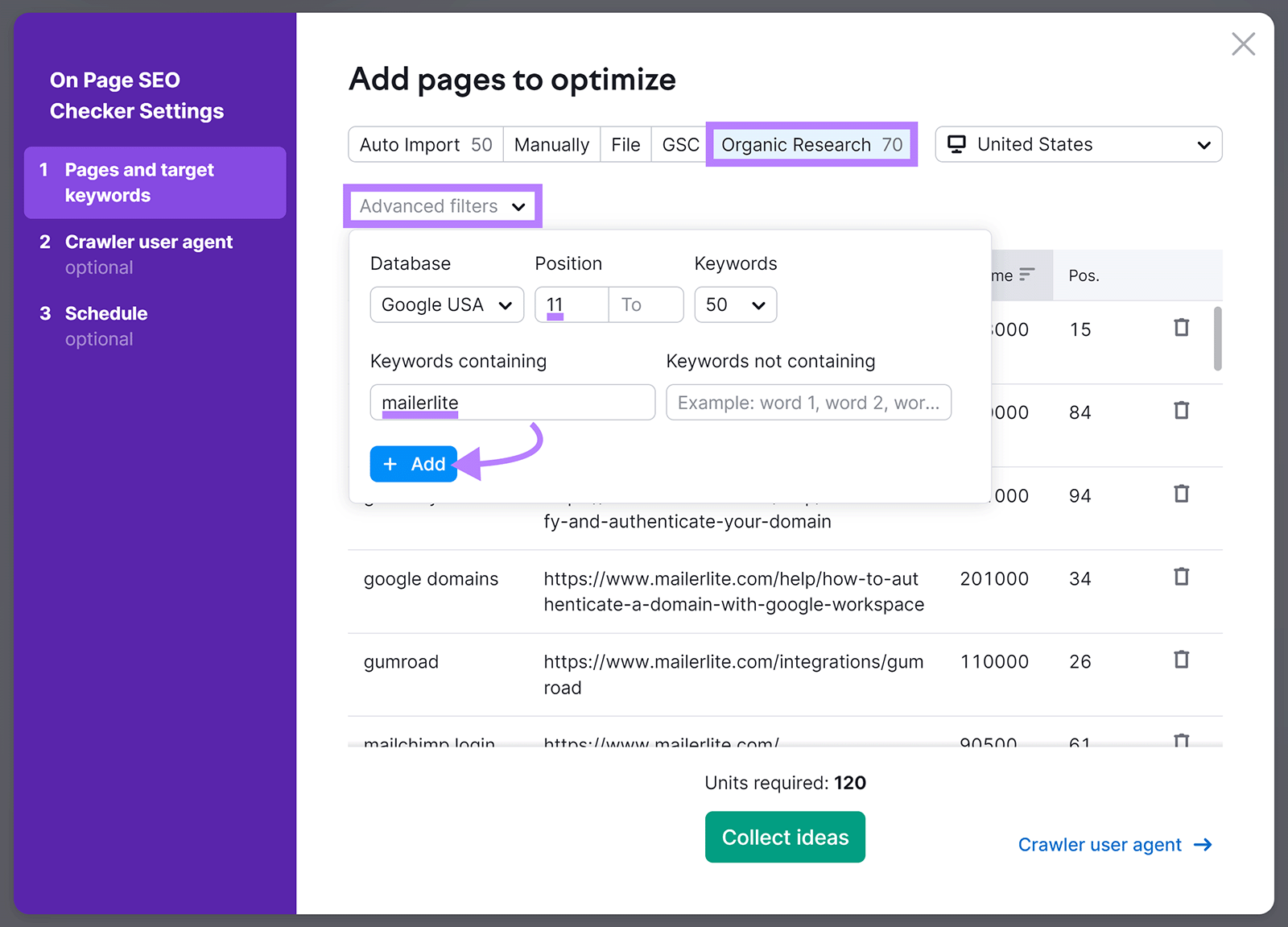 Organic Research tab selected, Advanced filter set to Positions 11+ with Keywords containing 'mailerlite'