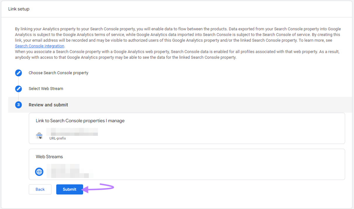 Bouton "Soumettre" mis en évidence sous la page "Configuration de lien"