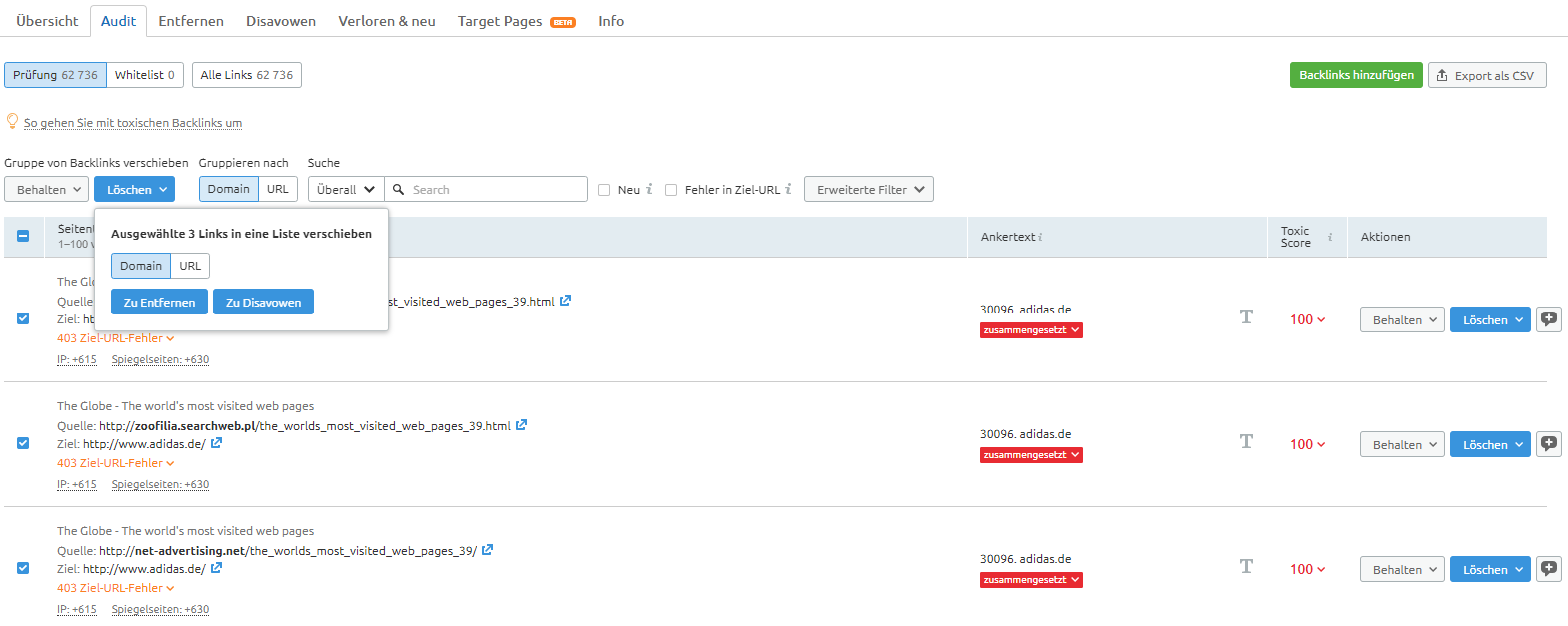 Screenshot: Backlink-Audit-Tabelle