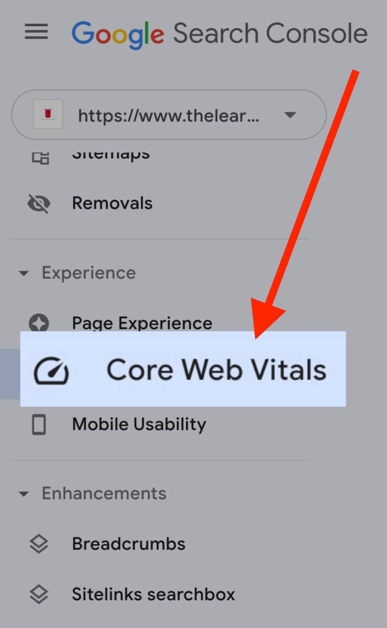 Bouton "Core Web Vitals" dans la barre latérale de navigation de Google Search Console