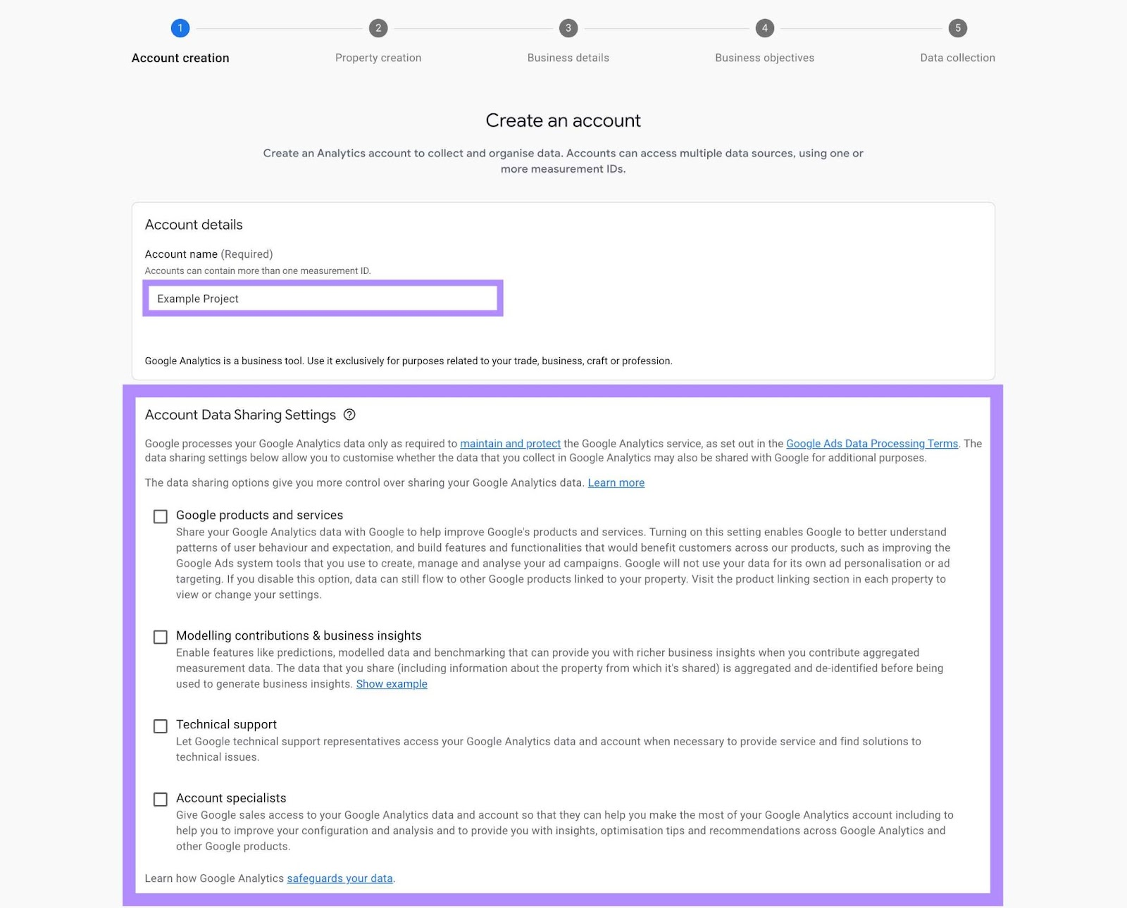Account creation page on Google Analytics where an account name needs to be entered and data sharing settings selected.
