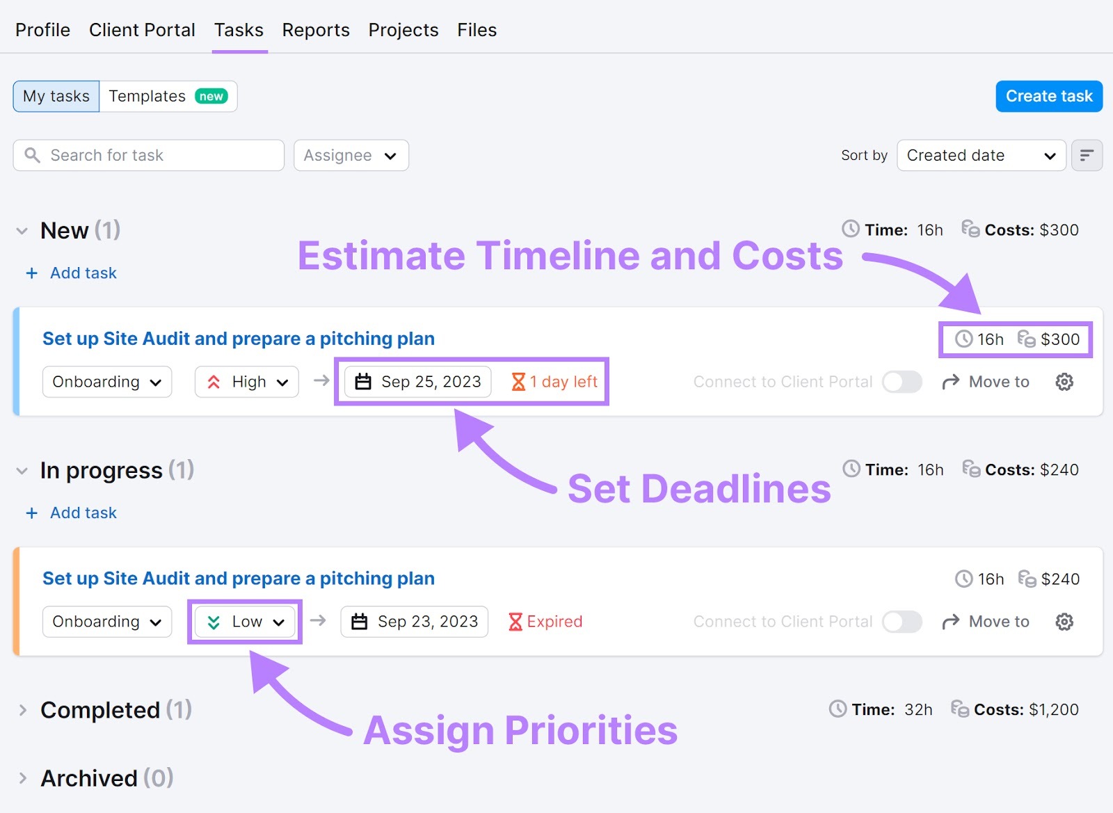 Sección "Tareas" en Semrush CRM