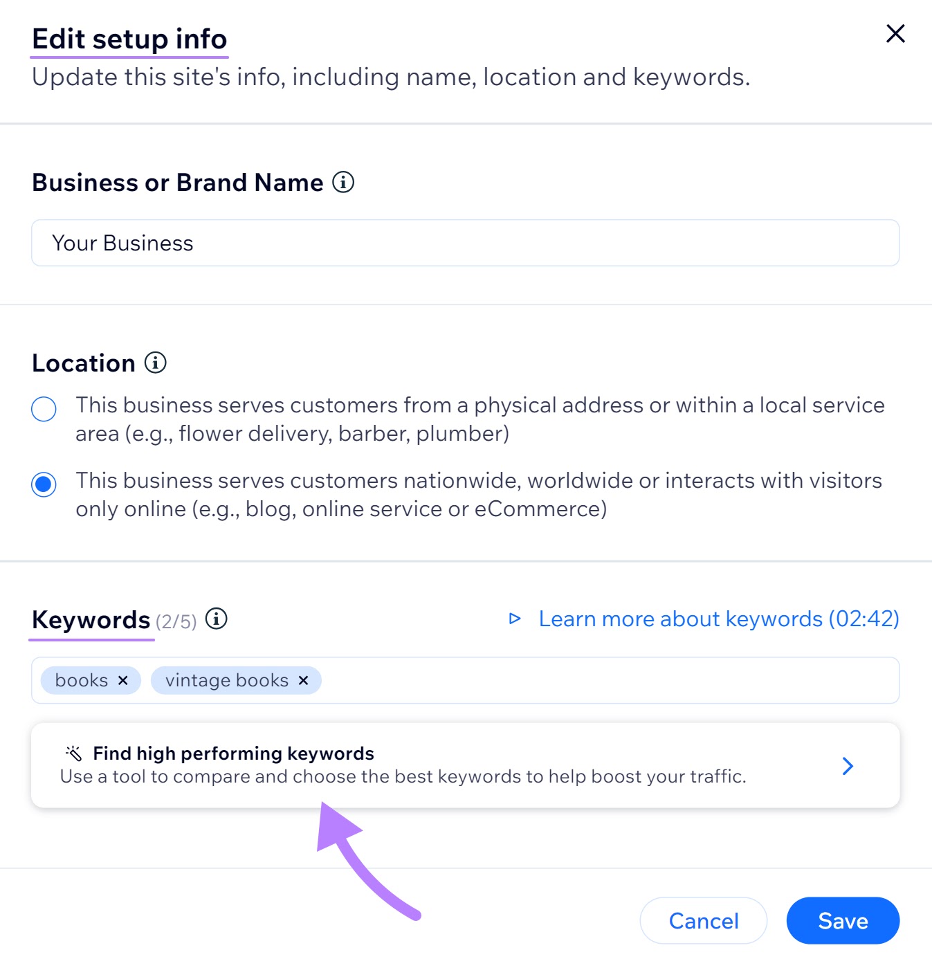 “Find high performing keywords” option highlighted in wix setup page