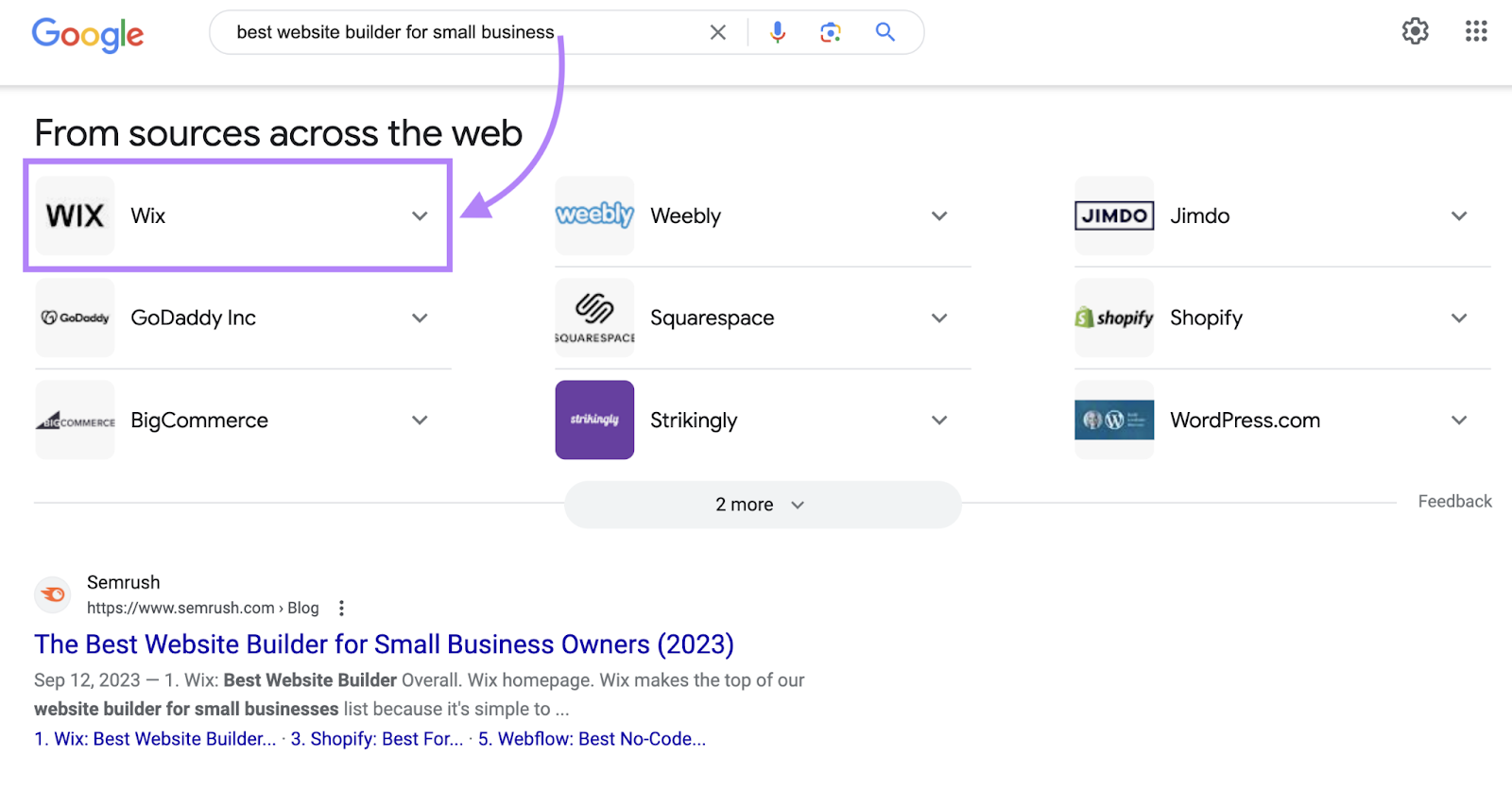 Wix is listed as a popular choice on Google for “best website builder for small business" query