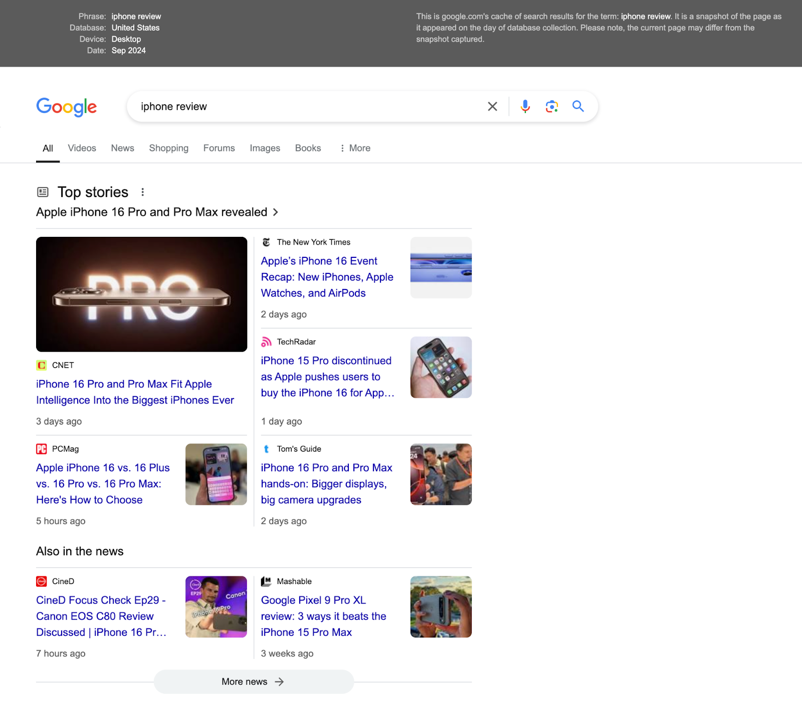 SERP shows top stories and includes a gray bar at the top with relevant query info