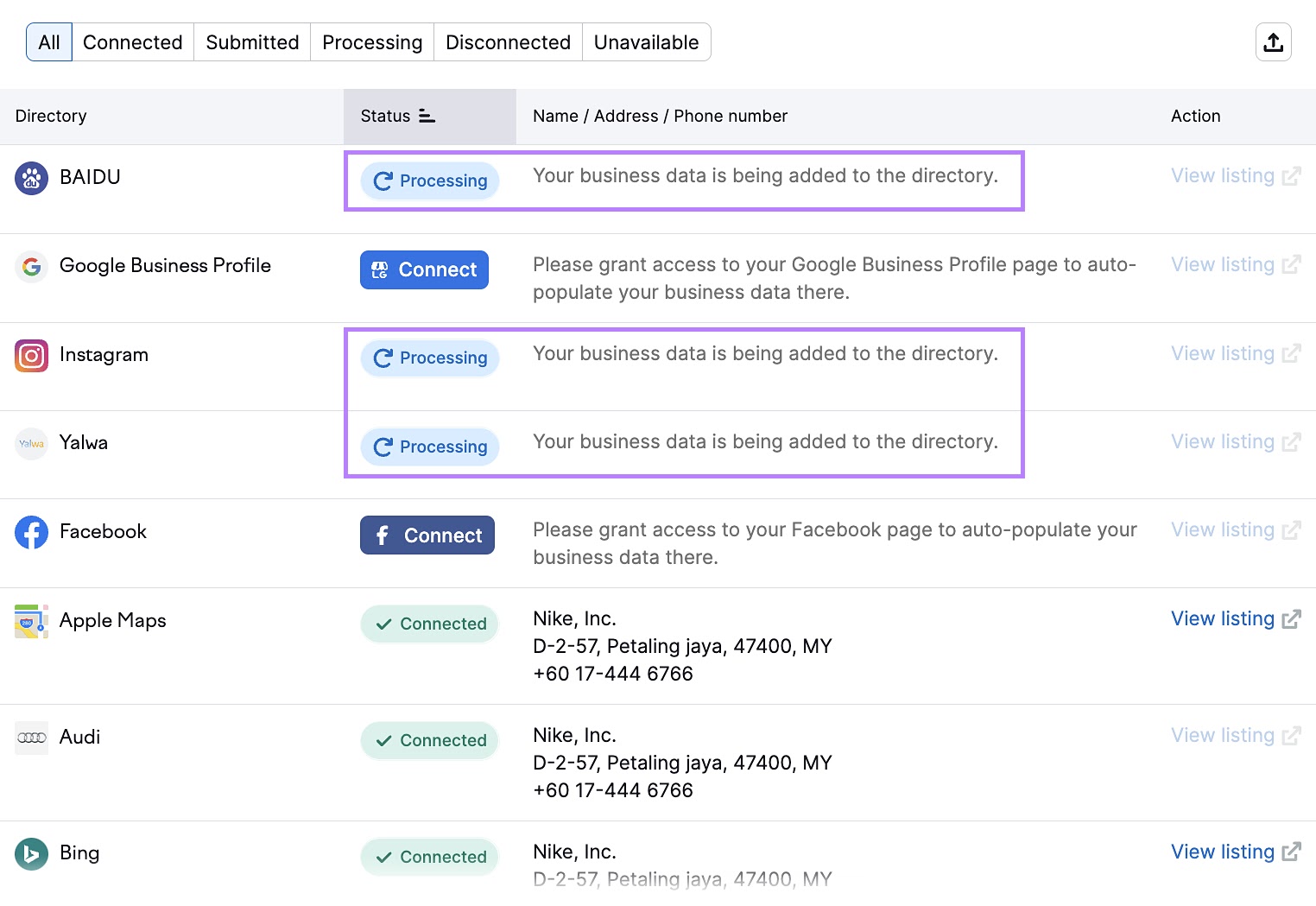 "Your listings" section of the Listing Management tool with the "Processing" status highlighted