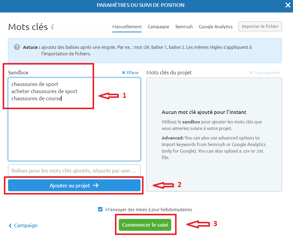 Semrush Paramètres de Suivi de position mots clés