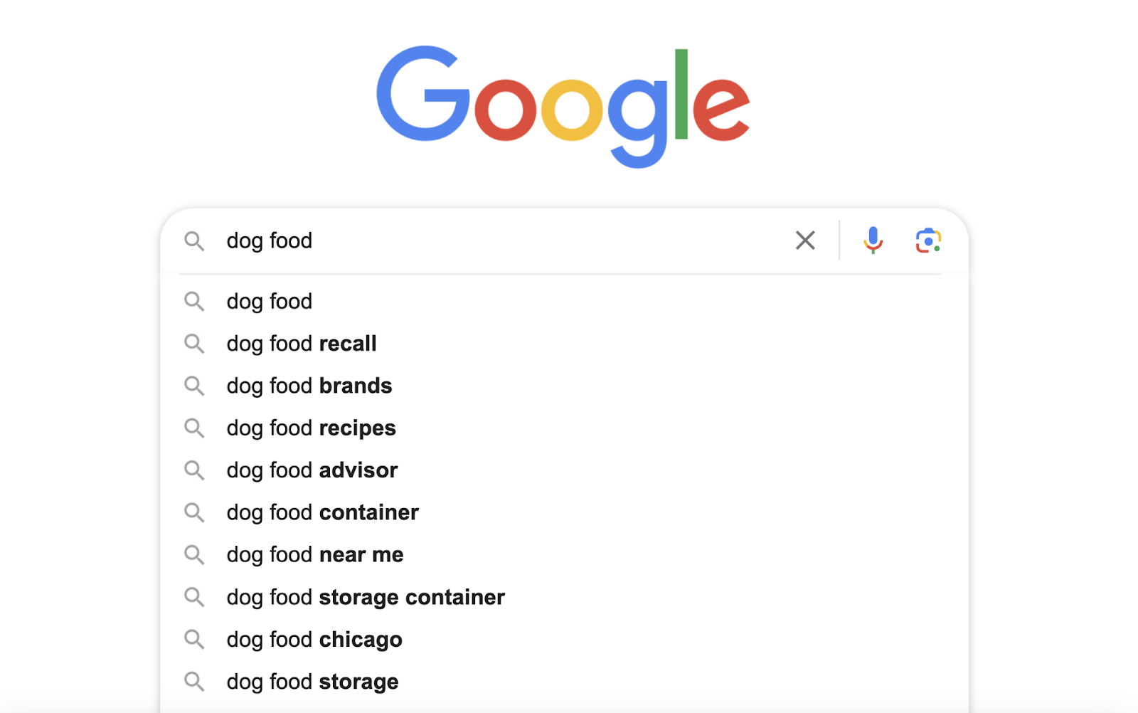 Google's autocomplete suggestions when typing " food" in the search bar