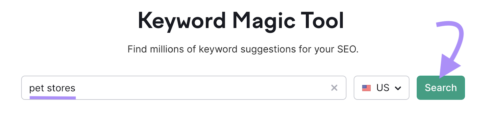 "pet stores" entered into the Keyword Magic Tool search bar