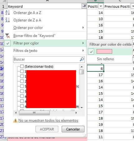 Filtro de color para excel