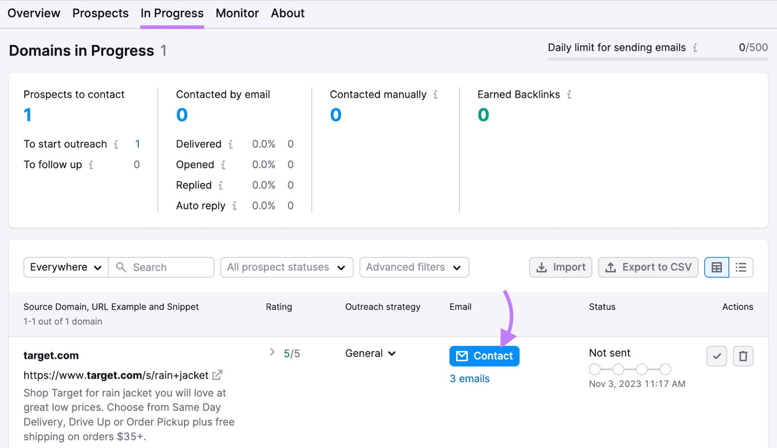 “Contact” fastener  selected beside the "target.com" successful  "In Progress" tab