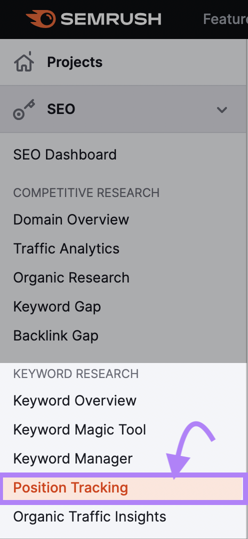 “Position Tracking” selected from the left sidebar in Semrush