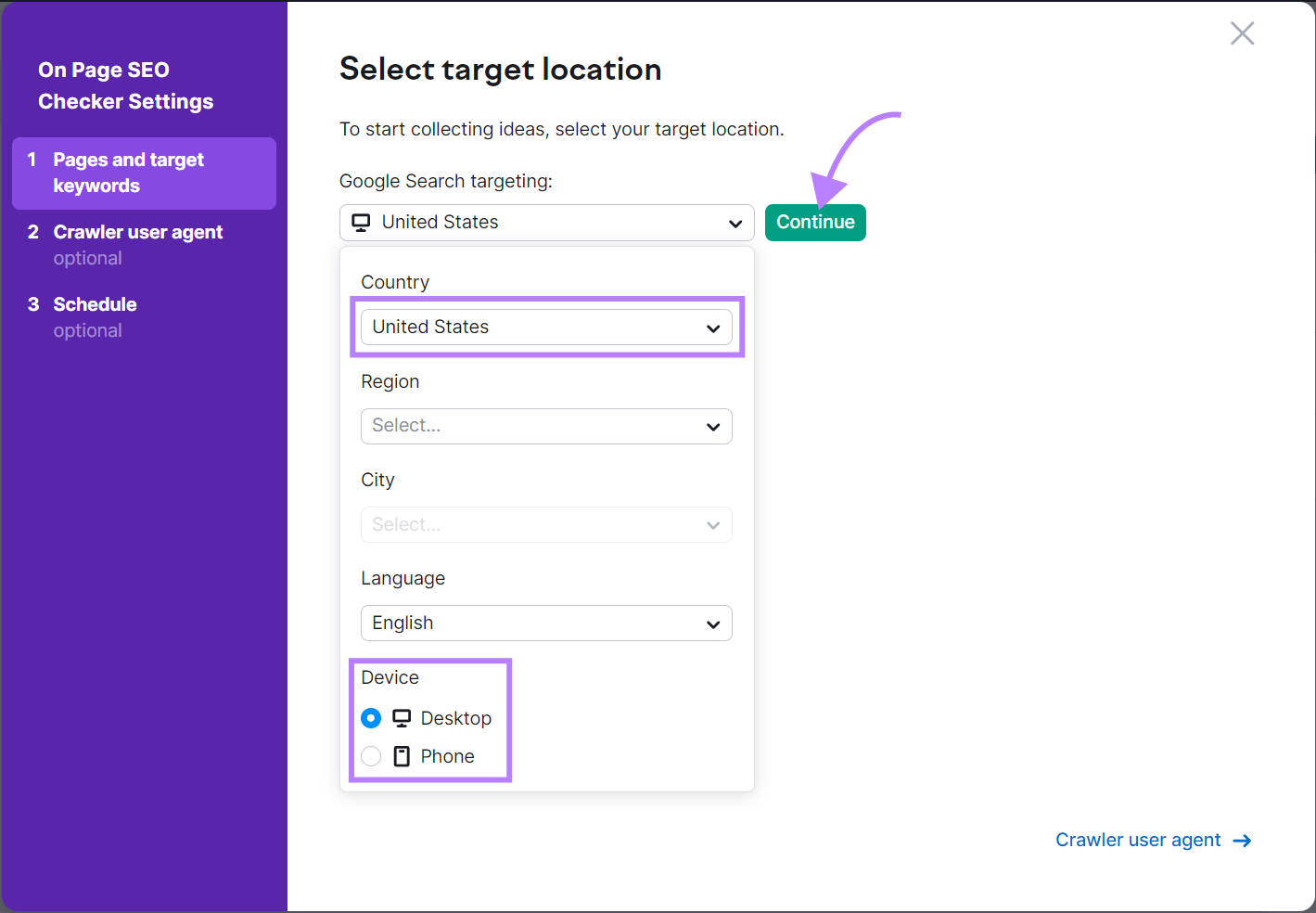 "Select target location" window in On Page SEO Checker tool settings