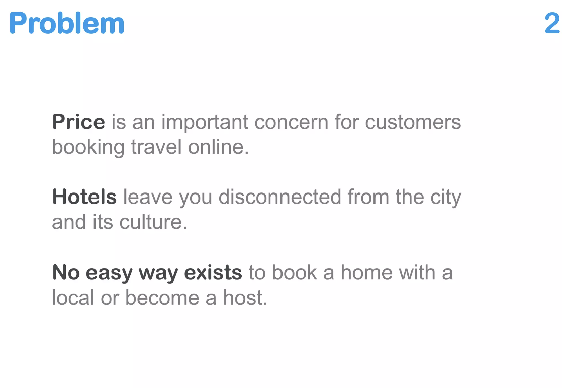 Airbnb pitch deck slide highlighting problems.