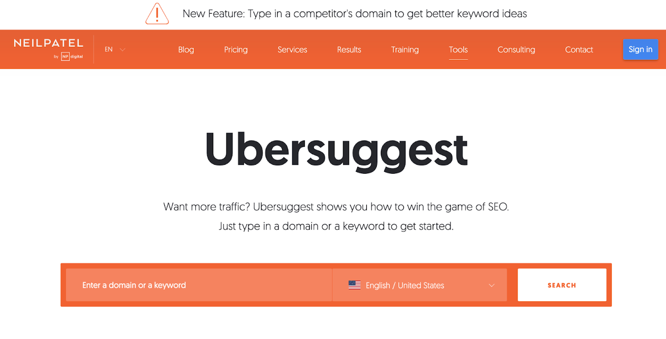 Ubersuggest's landing page