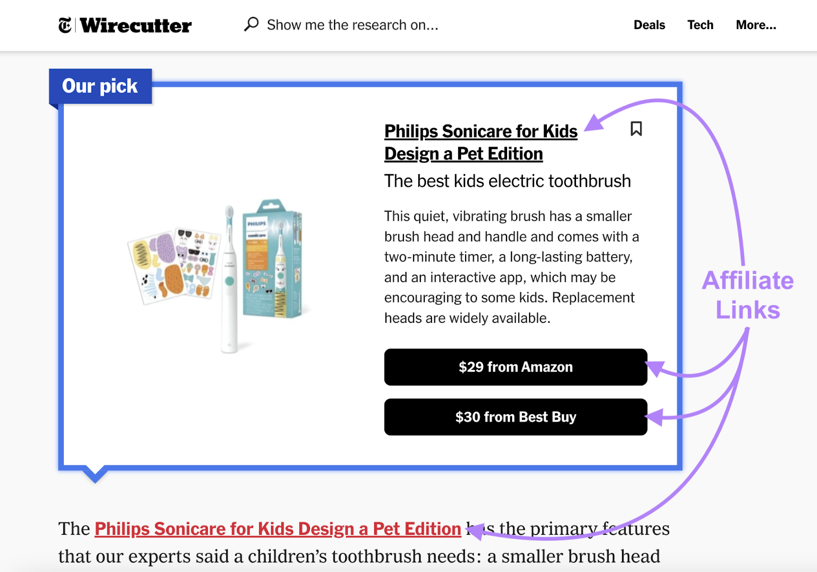 affiliate links highlighted on Wirecutter's top kid's toothbrushes article