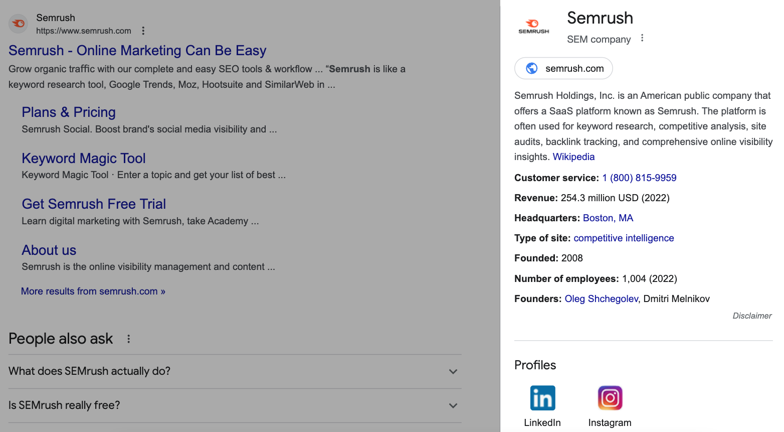 Semrush's Knowledge Panel