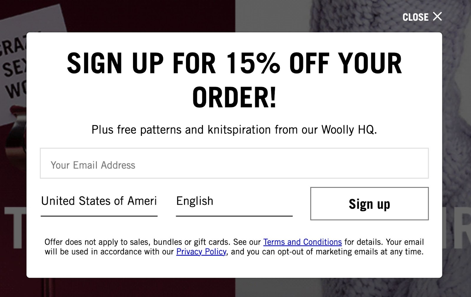 Wool and the Gang's sign-up form, for 15% coupon