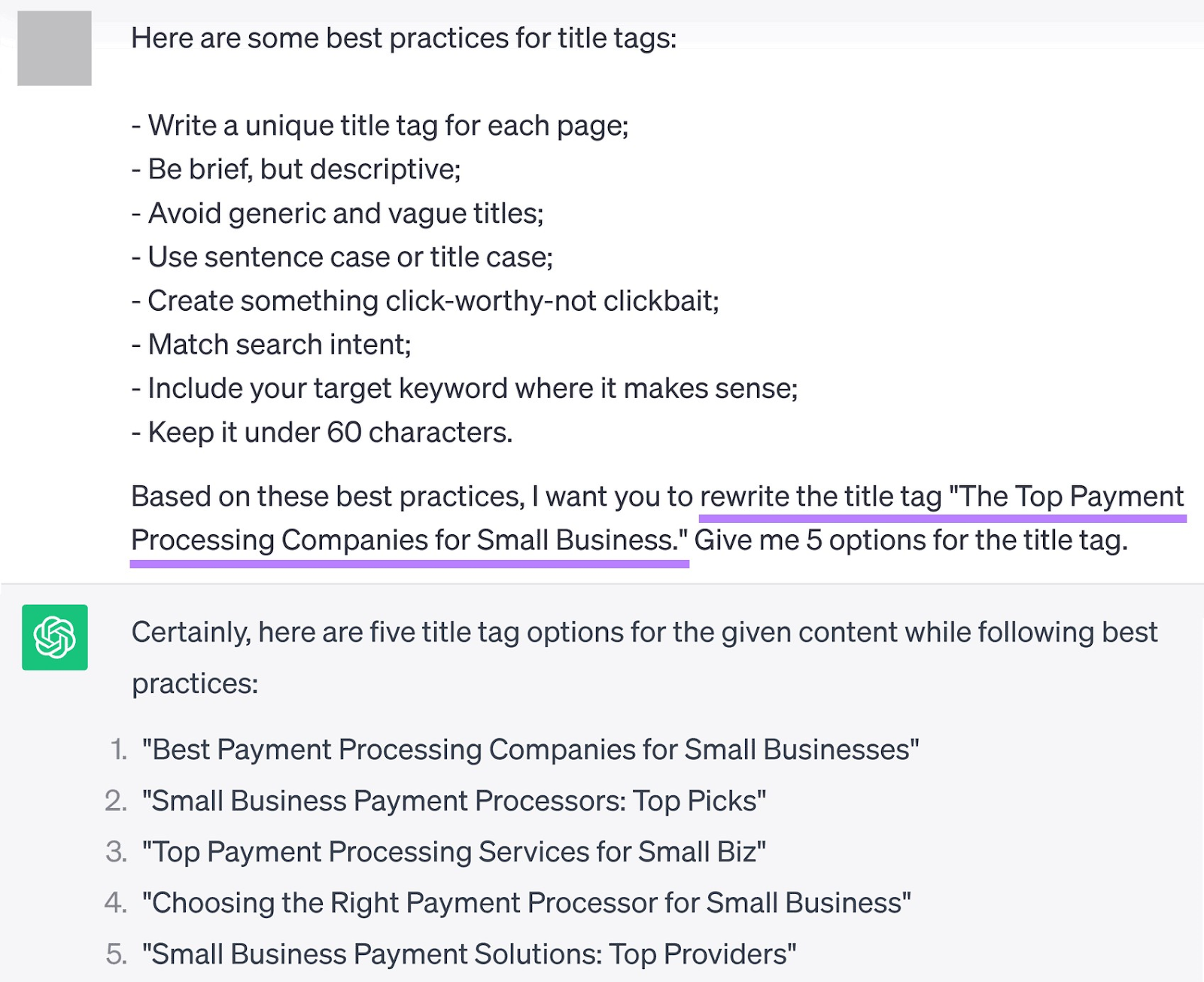 A prompt asking ChatGPT to rewrite a competitor’s title tag