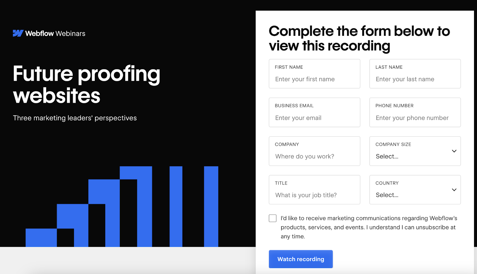 a Webflow webinar asks you to complete a form before watching the recording