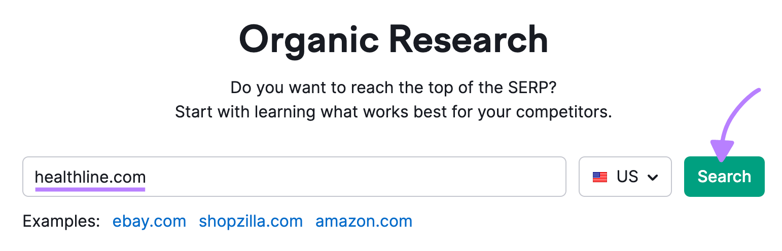 Organic Research tool start with "healthline.com" entered and "Search" clicked