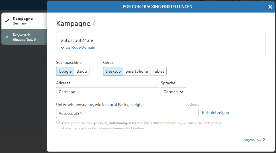 Firmennamen eingeben: Position Tracking