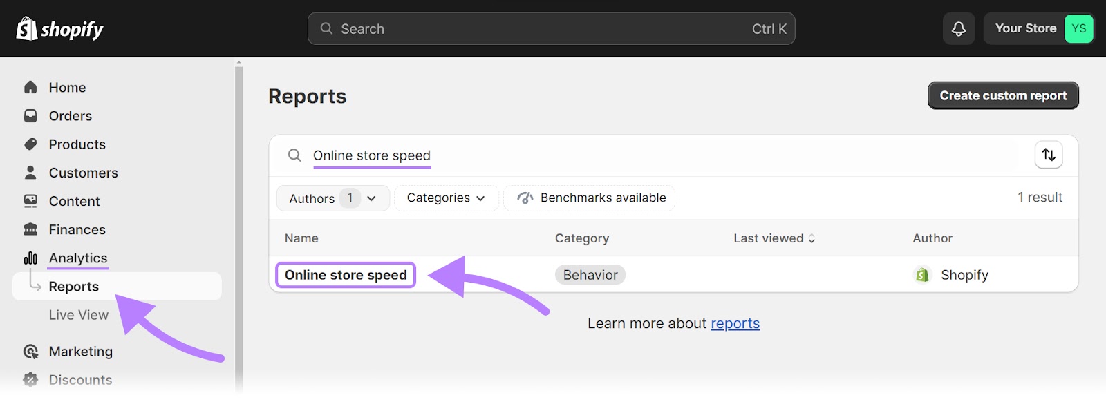 “Online store speed" selected under Shopify Reports page