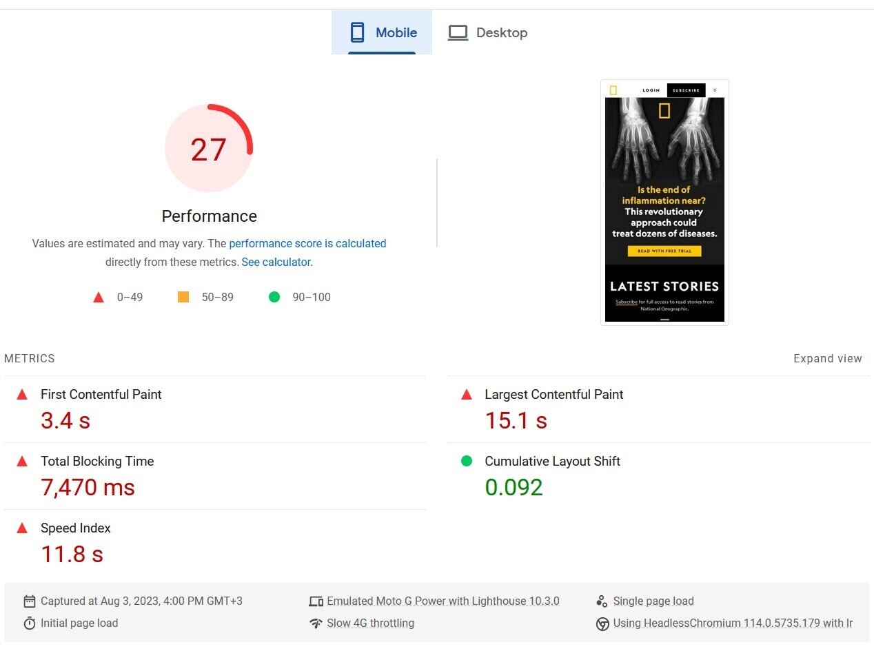 an example of site speed audit results in Google’s PageSpeed Insights
