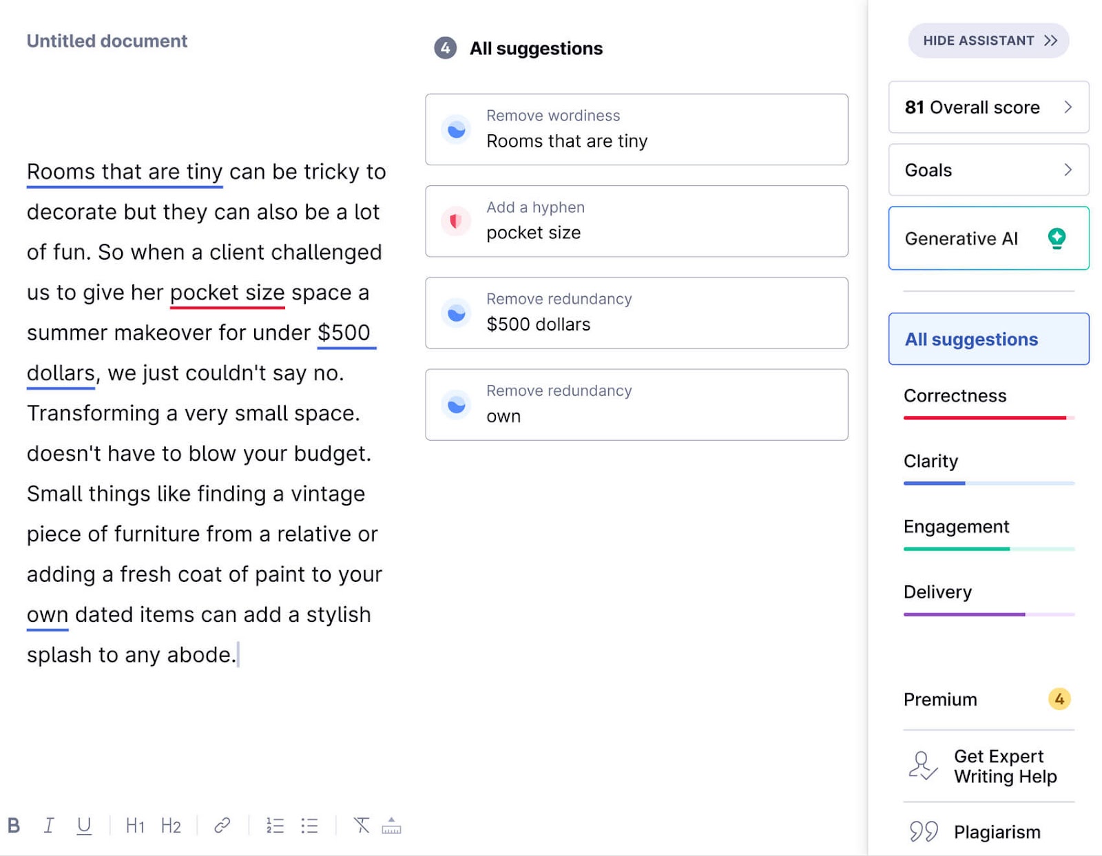 Grammarly editor showing color-coded suggestions