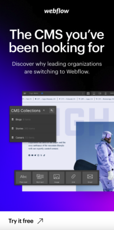 Webflow’s display ad promoting its CMS as the best option