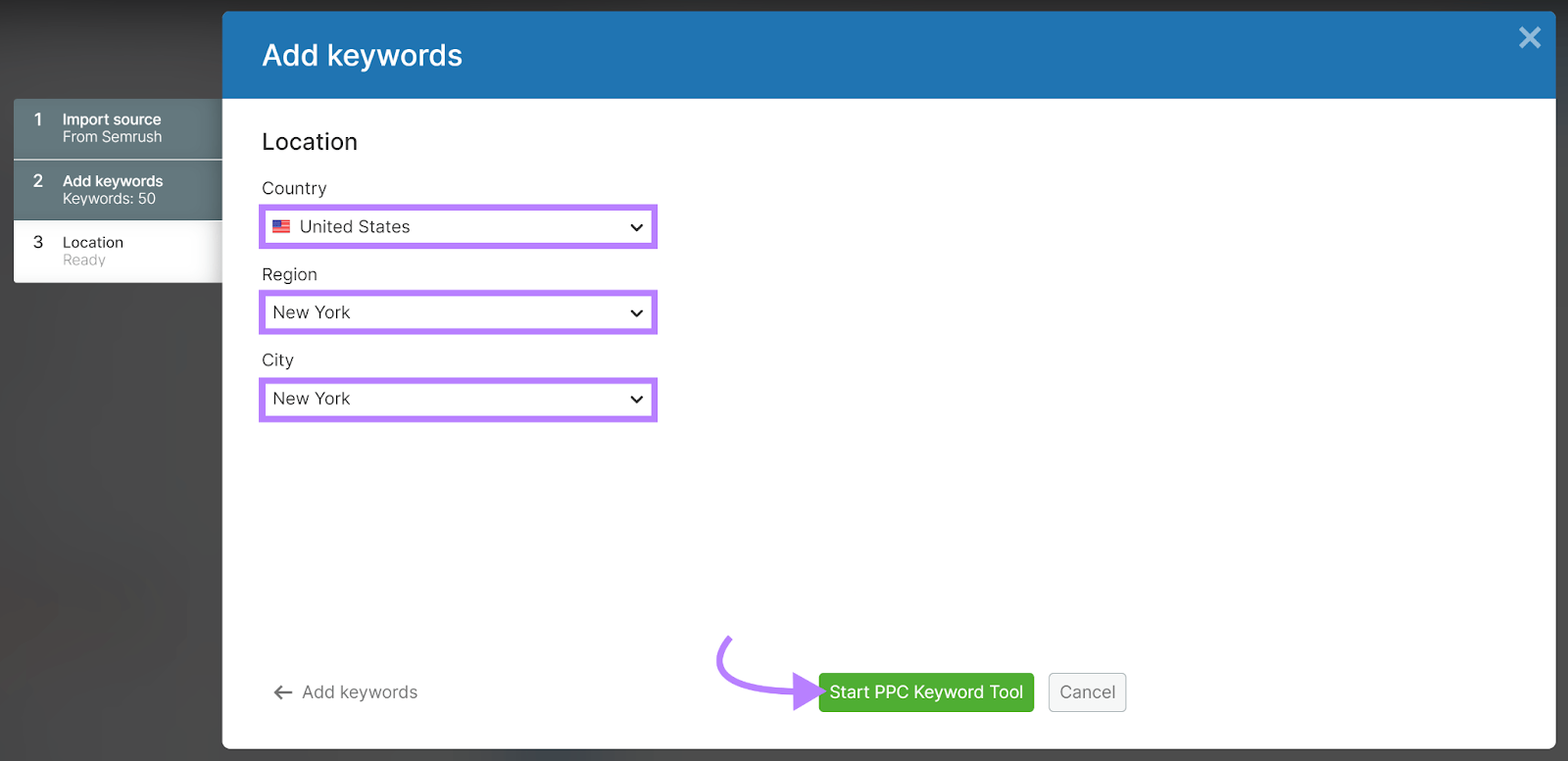 Country, Region, City, and Start PPC Keyword Tool button highlighted.