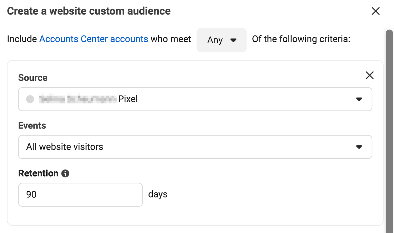 "Create a website custom audience" form in Meta Ads Manager