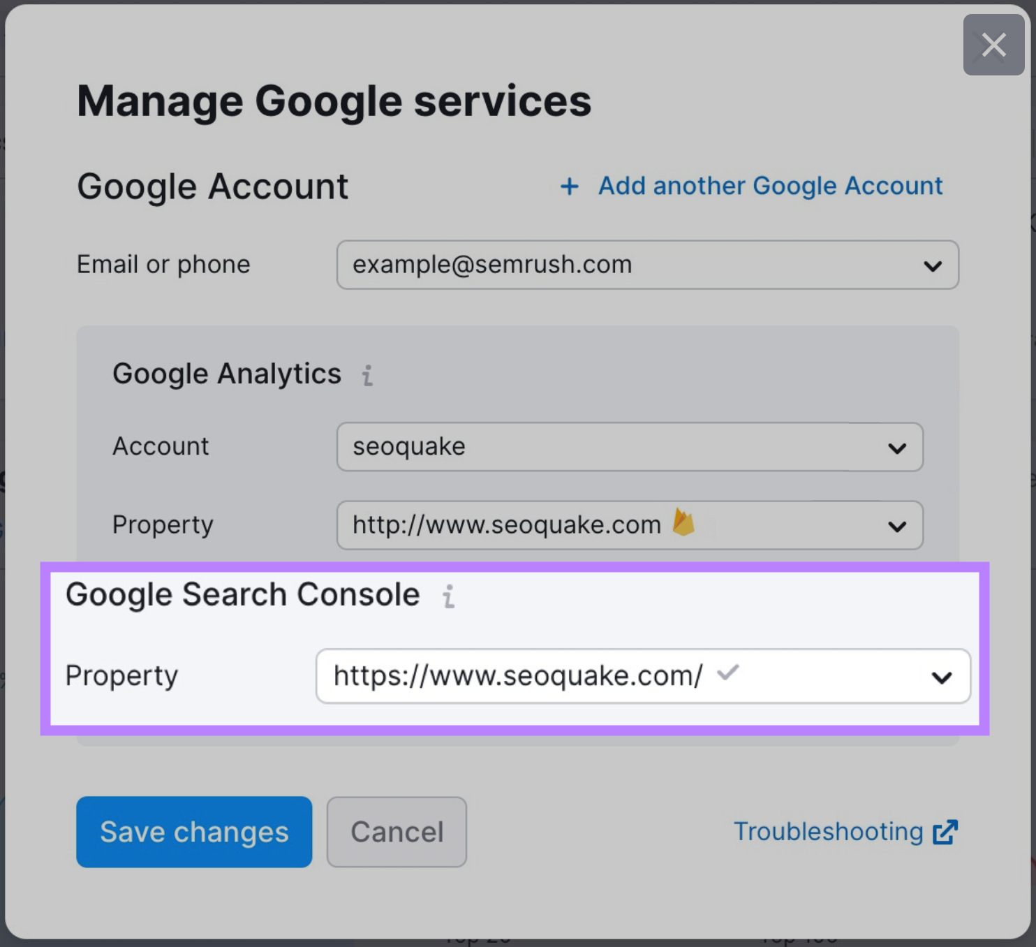 “Manage Google services” window