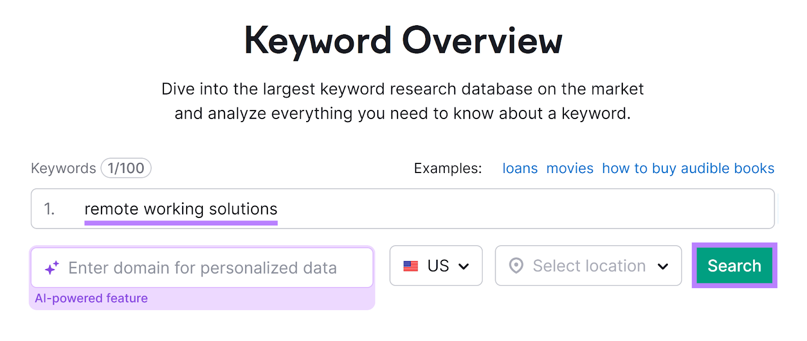Keyword Overview tool start with keyword entered and Search button highlighted.
