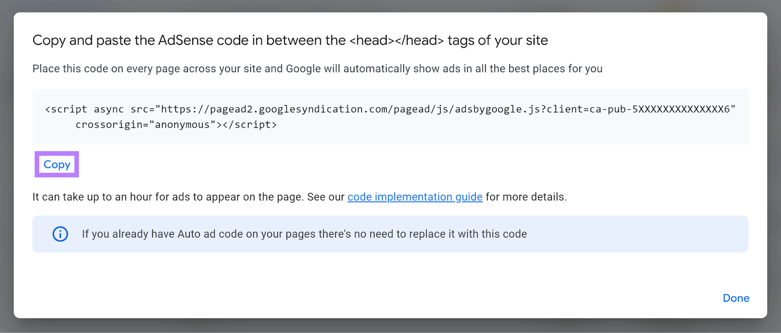 AdSense codification  popup with Copy nexus  highlighted