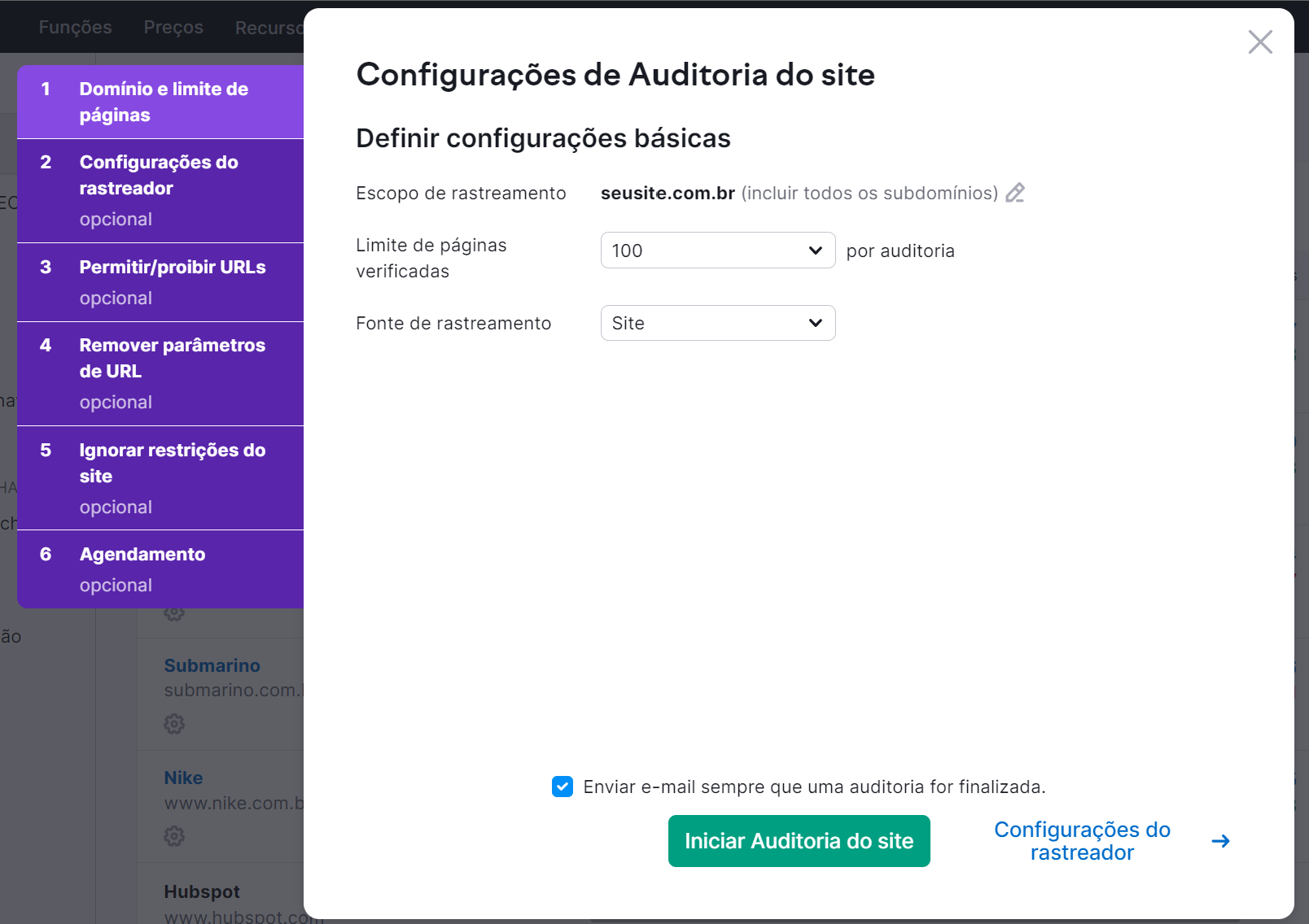 como redirecionar URLs na plataforma 13 configurando auditoria do site
