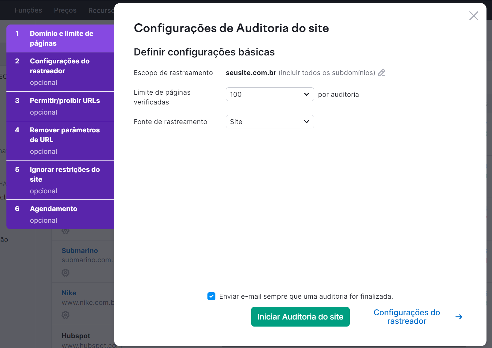 configurando auditoria do site