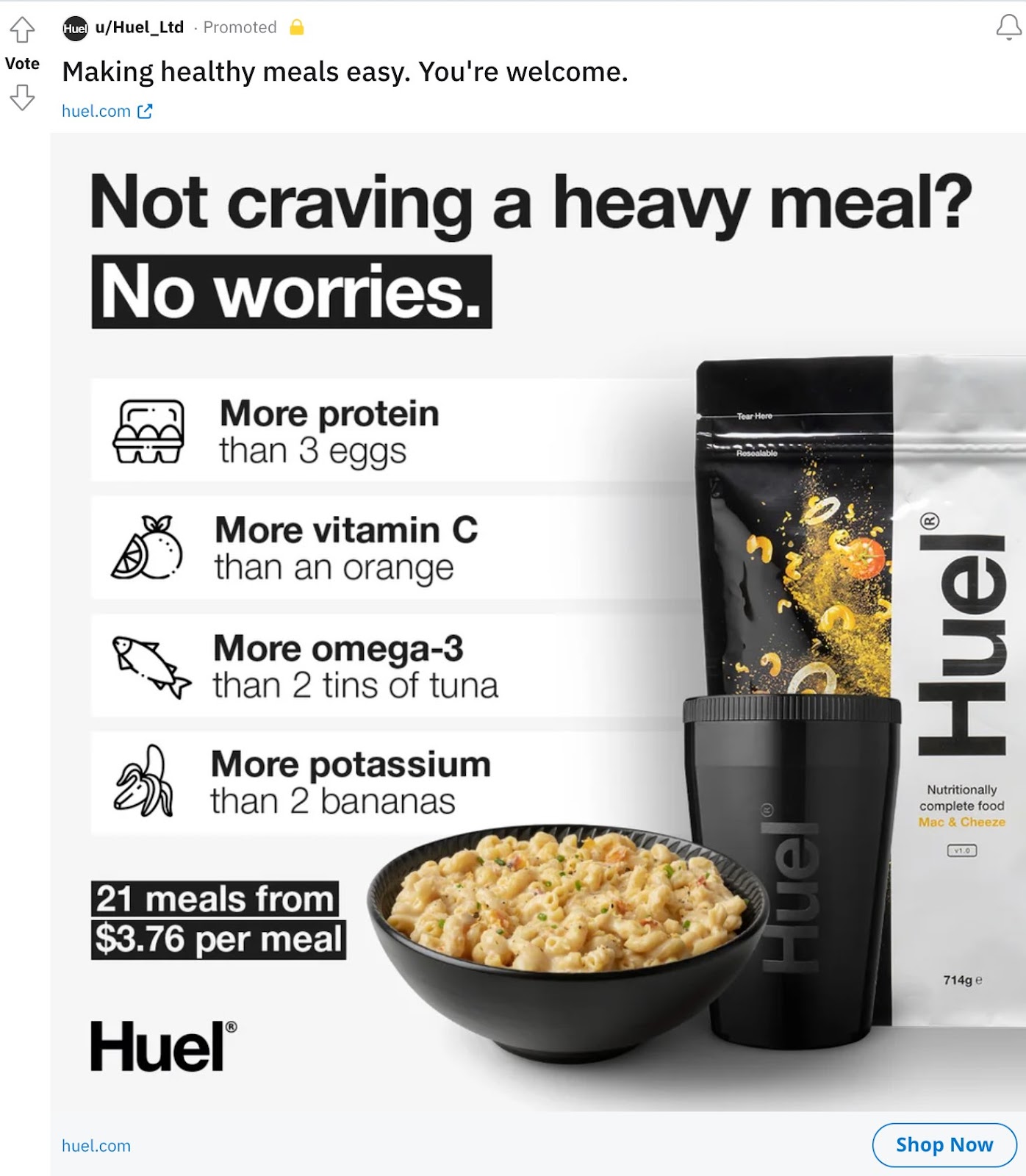 A Reddit PPC ad from Huel