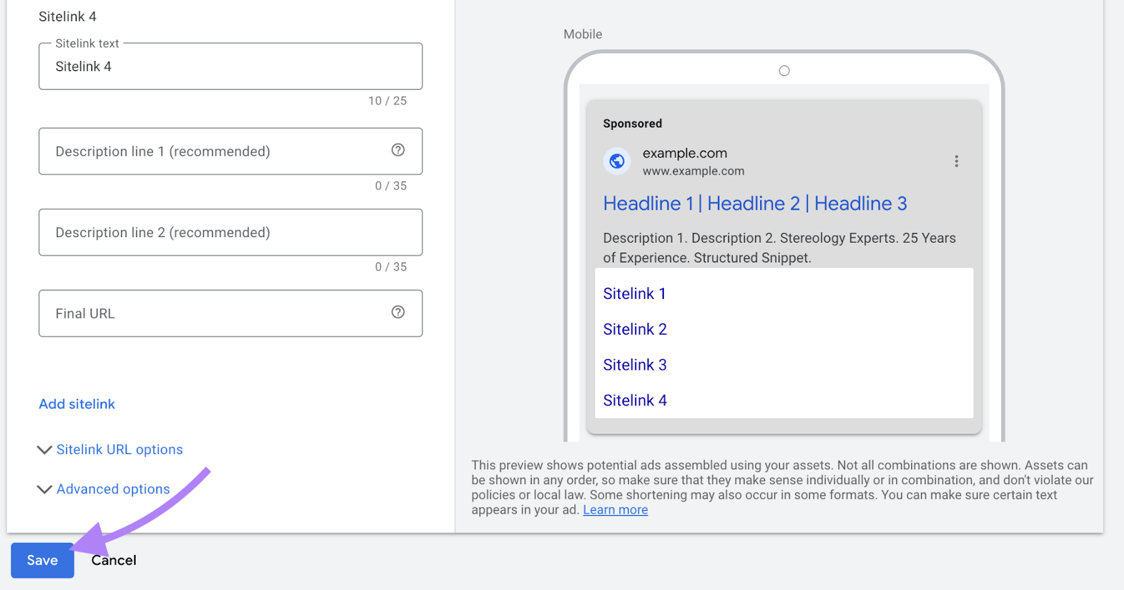 final step to add your sitelinks to your list of assets