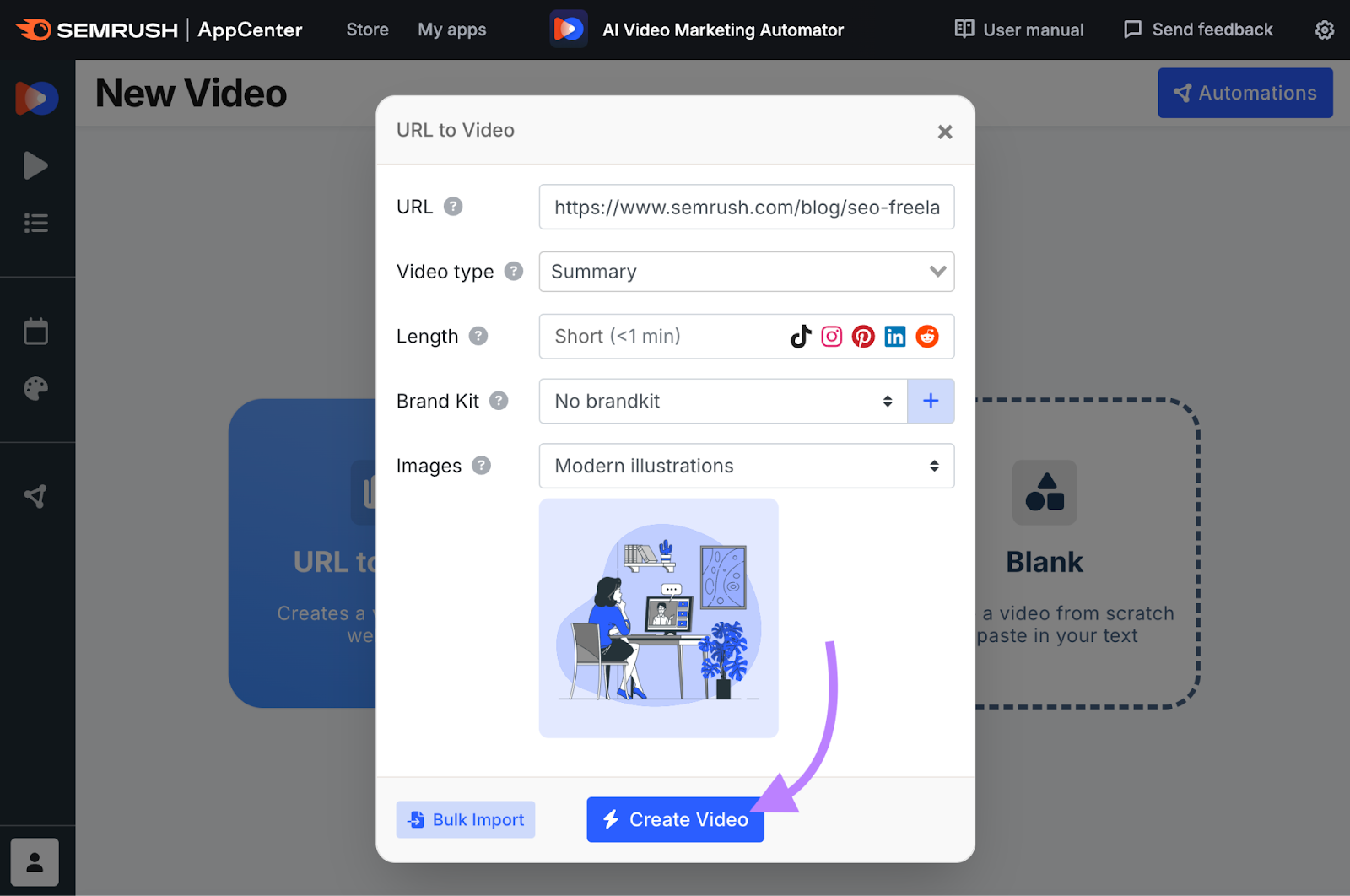 settings pop up allows you to input a url, c،ose video type, c،ose length and platform, and type of il،rations
