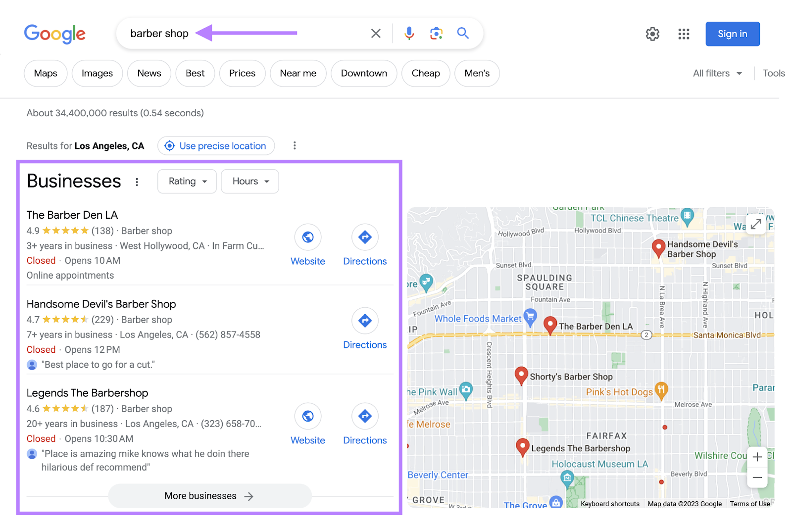 Google search in Los Angeles for “barber shops”