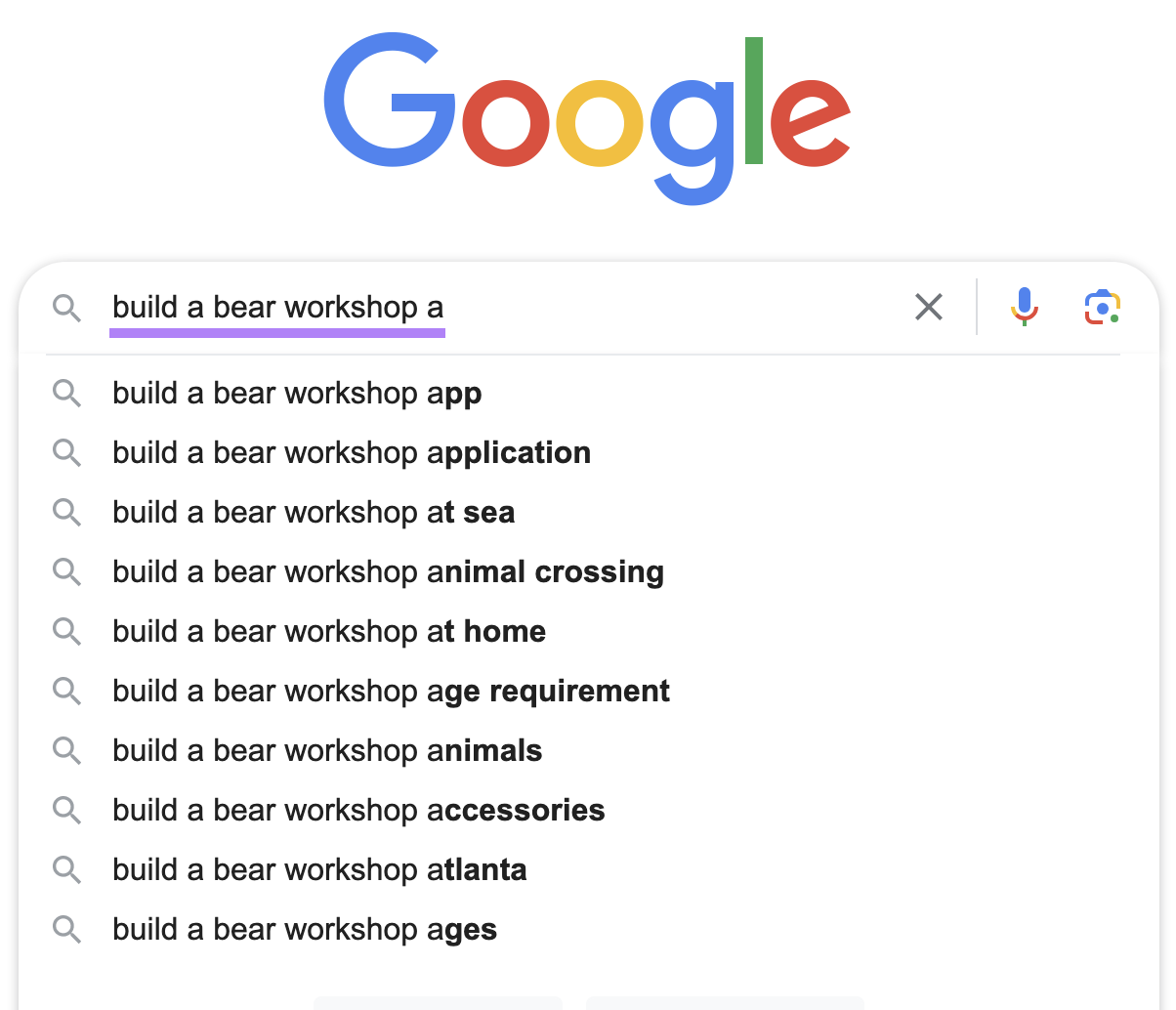 Google suggested searches when typing "build a bear workshop a"