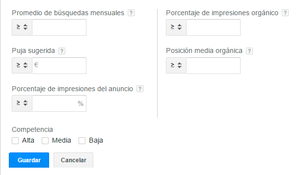 Planificador de palabras clave - Filtros