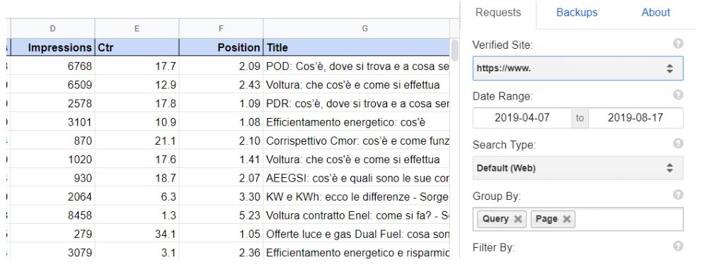 Uso dell'addon Search Analytics for Sheets