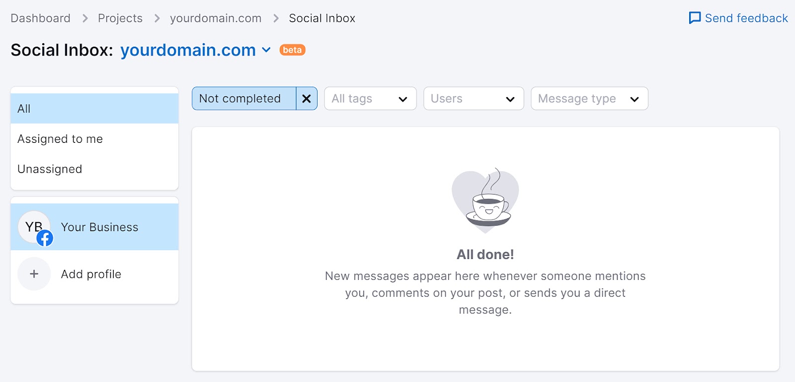 Semrush’s Social Inbox dashboard
