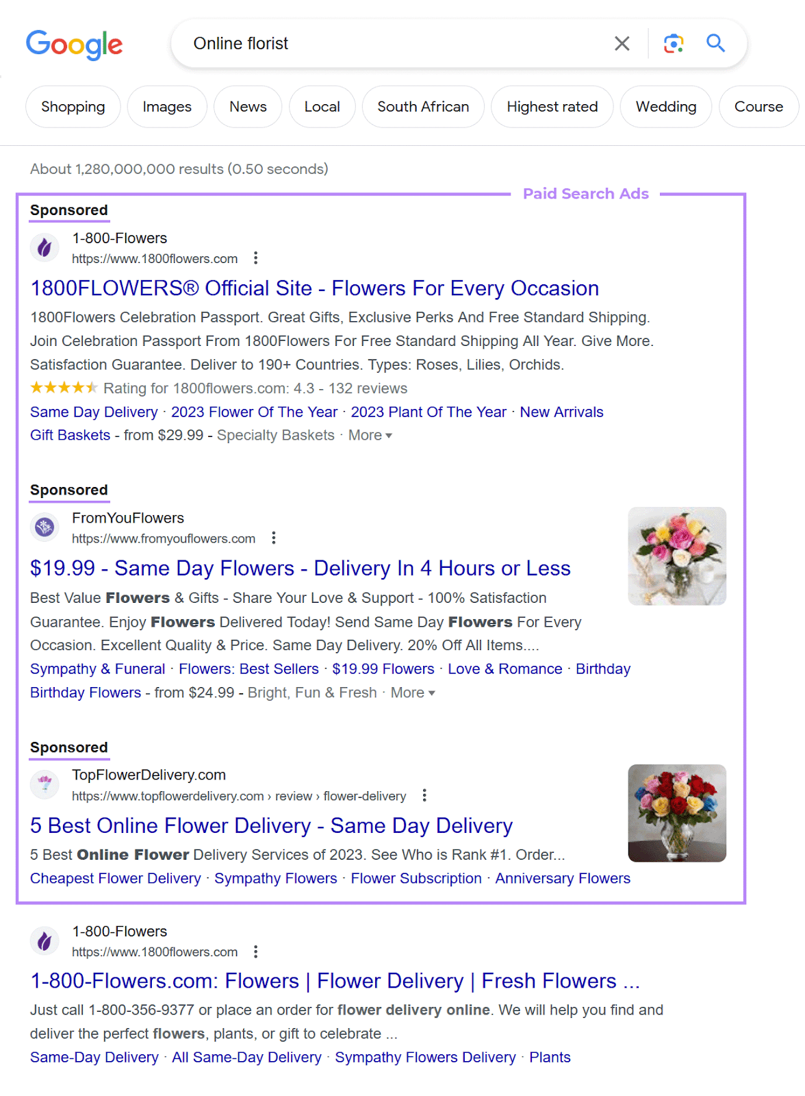 Google SERP including paid ads for “online florist” search
